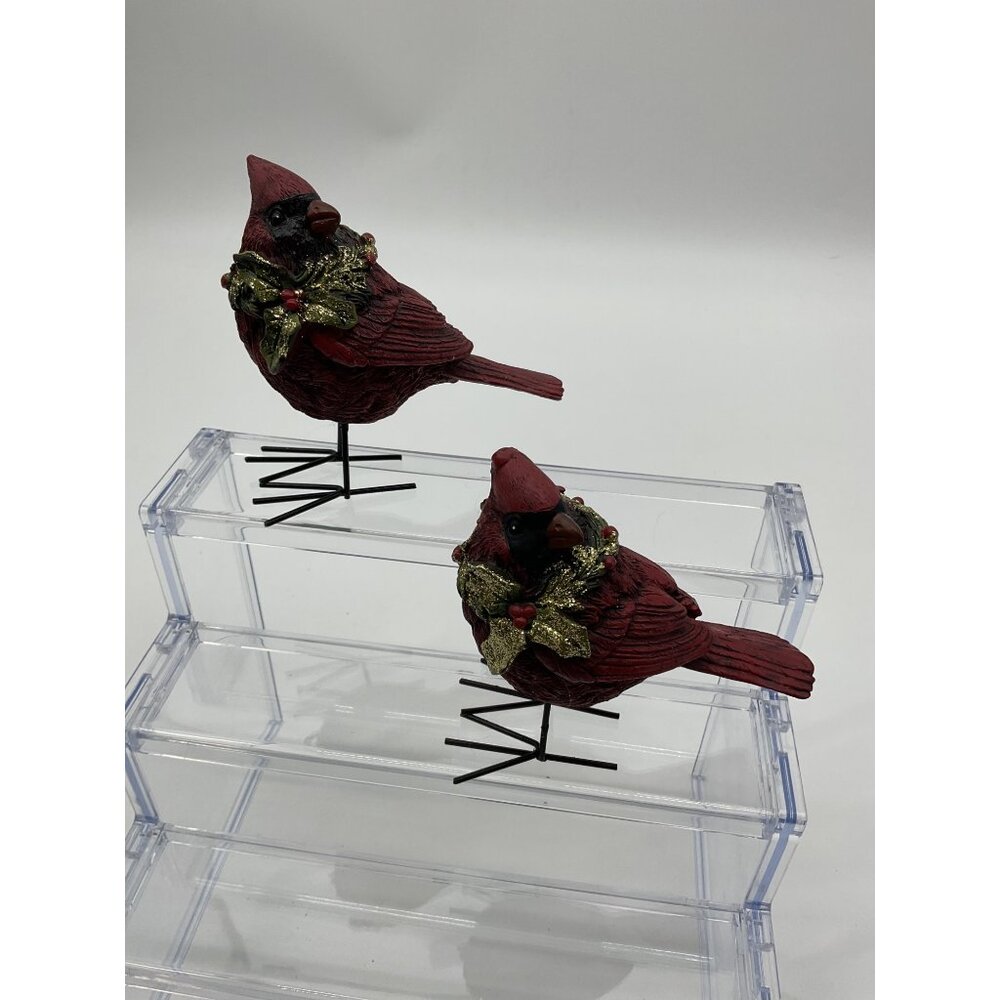 Cardinal Figurines With Wreath Accents On Metal Stands - Set Of 2